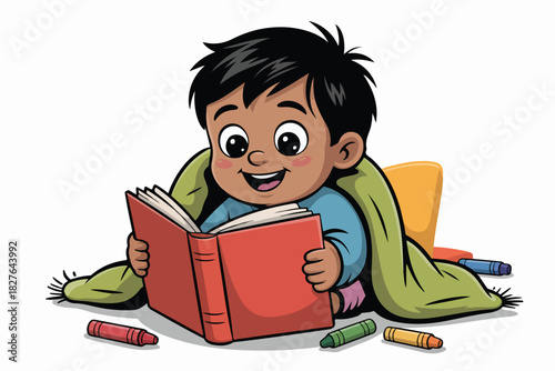 A happy child is nestled under a blanket while reading a book. Crayons are scattered around, ready for more fun