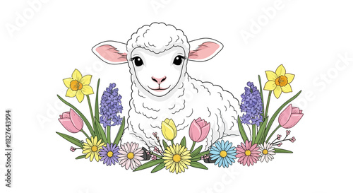 Adorable Lamb Surrounded by Spring Flowers Easter Symbolism and Floral Delight