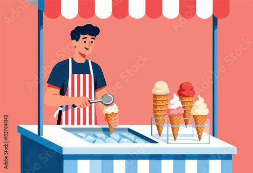 An illustrated ice cream vendor prepares a cone at a striped stall, with various flavors on display