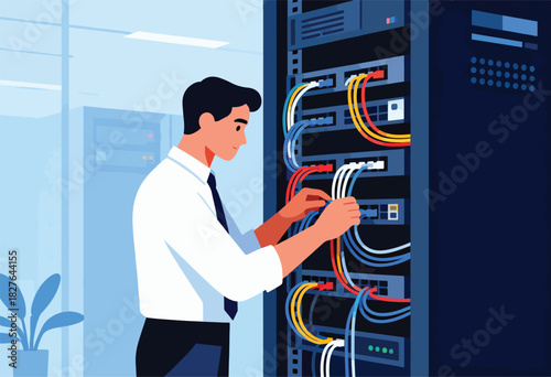 A technician in a white shirt and tie connects cables on a server rack.  The background shows an office setting