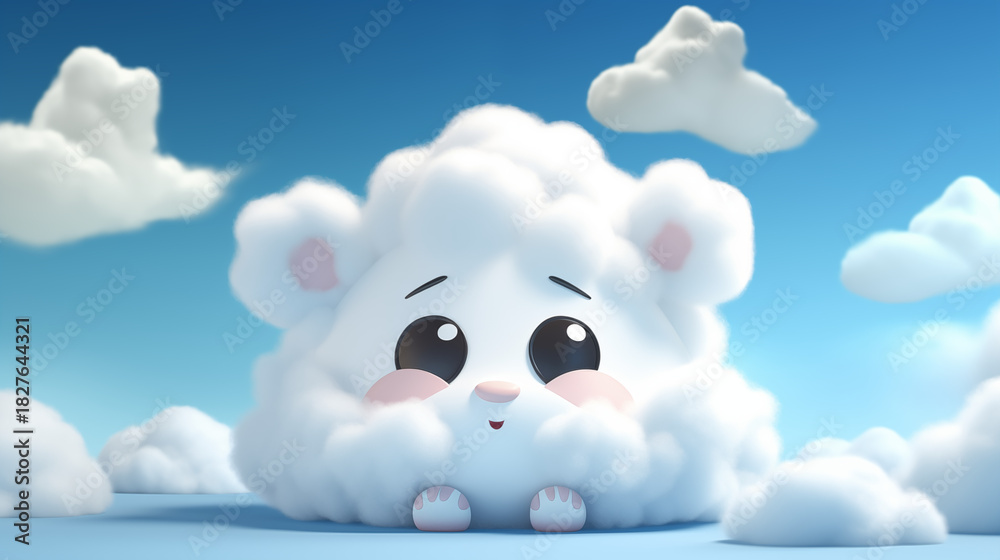 Obraz premium Cute fluffy cloud cartoon character with big eyes against a blue sky, adorable 3D render illustration for children's designs and happy themes.