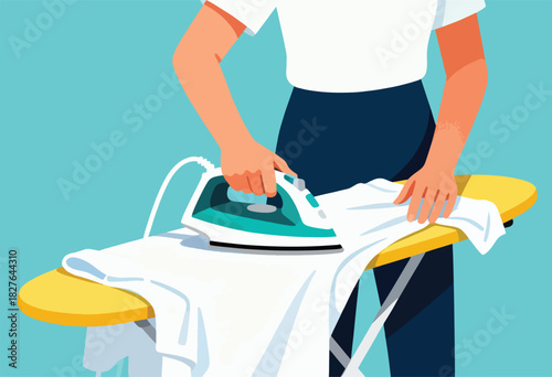 Illustration of person ironing a white t-shirt on a yellow ironing board, against a light blue background