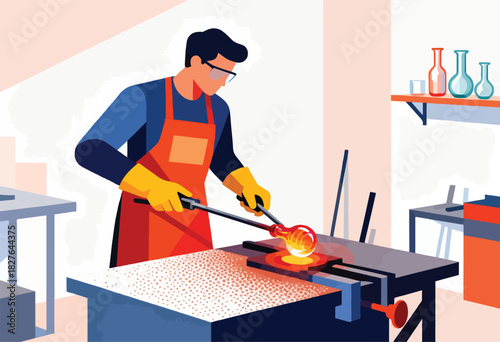 Illustration of a glassblower working with molten glass, wearing safety glasses, apron, and gloves