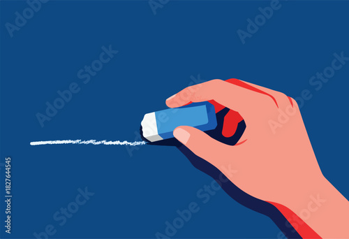A hand, depicted in flat art, holds an eraser to remove a chalk line against a dark blue background