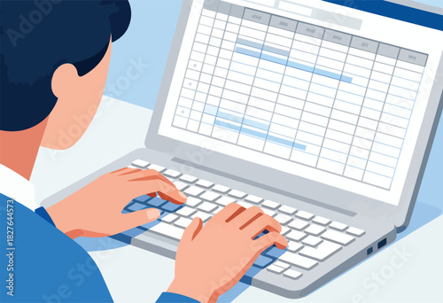 Illustration of a person typing on a laptop with a spreadsheet open.  View from above