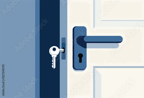 A stylized illustration presents a closed door with a key in the lock, and a matching doorknob. Minimalist art style