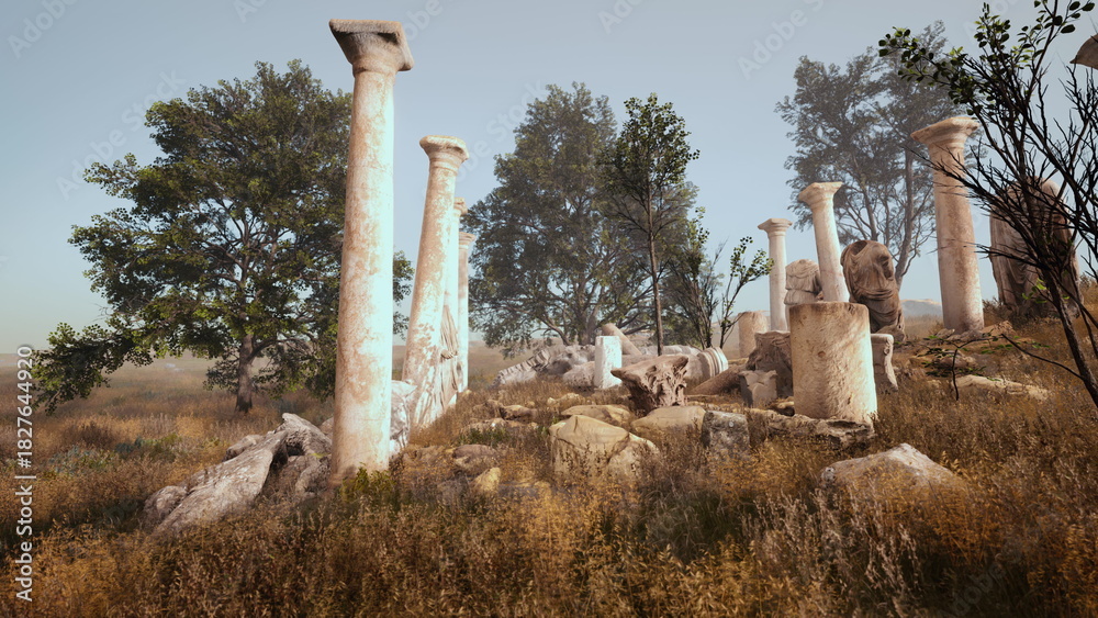 Fototapeta premium Sunlight gently filters through trees, illuminating the crumbling columns of ancient ruins. Overgrown grass sways softly, creating a serene atmosphere in this historic landscape.
