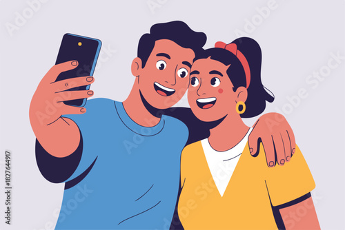 Illustration depicts a smiling couple taking a selfie with a smartphone, embracing and cheerful, on a light background