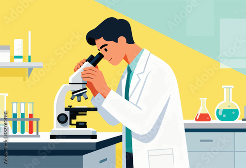 Illustration depicts a scientist in a white lab coat using a microscope in a laboratory setting