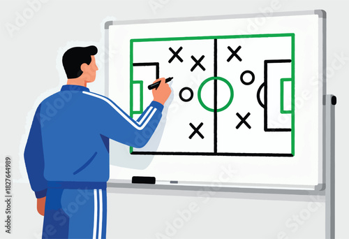A coach, in blue attire, draws a soccer strategy on a whiteboard with markers, diagramming plays