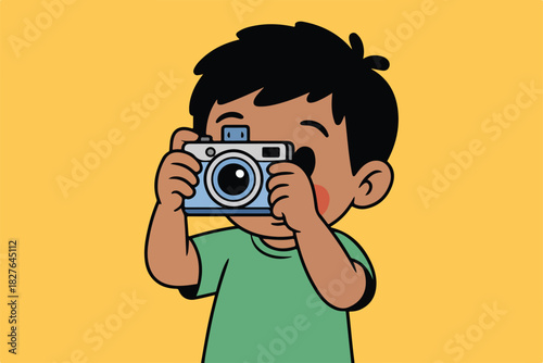 A cartoon boy with dark hair and a green shirt holds a blue camera up to his eye, eye winking
