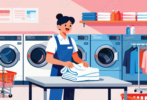 Illustration of a laundry worker folding clean towels in a laundromat with washers, shelves, and clothes rack