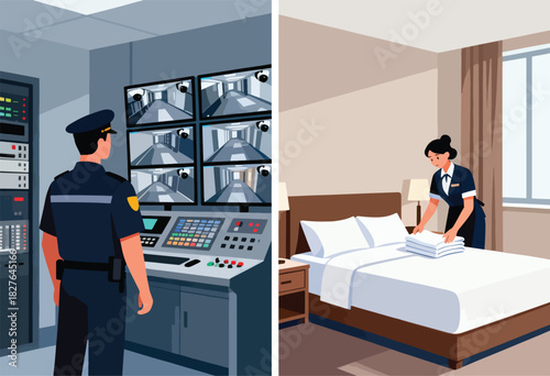 A security guard monitors screens in a control room, while a maid makes a bed with fresh towels in a hotel room