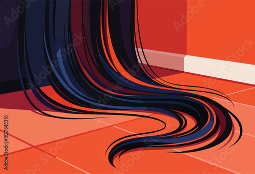 Abstract graphic illustration featuring a flowing, dark blue cascade against a vivid orange background