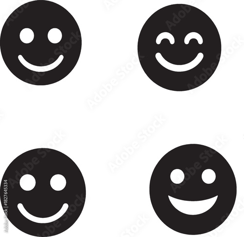 Black Circular Smiley Face Icons – Stylized Emotive Expression Line Art Set
