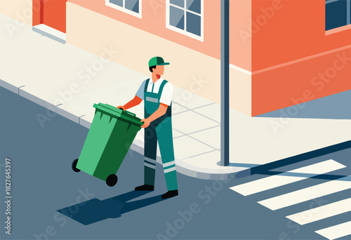 A worker in green uniform rolling a green trash bin along a city street on a sunny day
