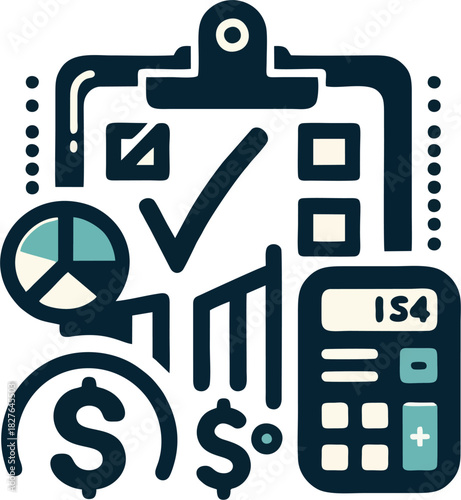 Modern Tax Planning Icon with Clipboard, Checkmark, Dollar Symbols, and Calculator – Minimal Monoline Finance