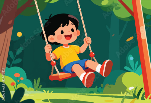 A joyful child swings on a swing in a vibrant park setting, radiating happiness in a whimsical illustration