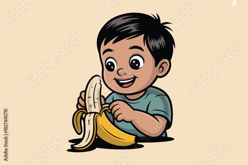 Cartoon illustration of a smiling child peeling a banana. The image has a light background