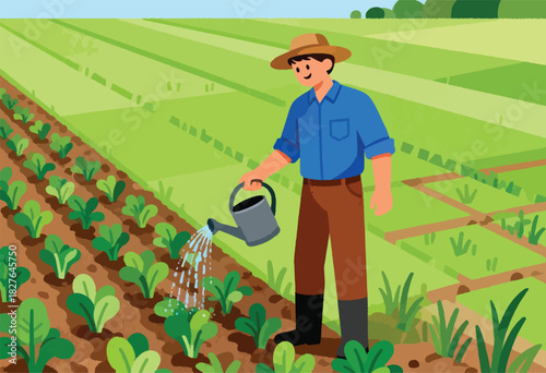 A farmer waters rows of leafy green crops in a vibrant field, a straw hat atop his head
