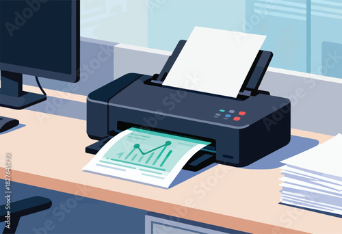 A desktop illustration shows a printer ejecting a graph. A stack of paper and monitor are also in view