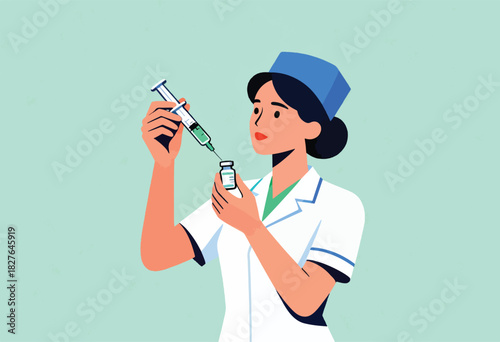 Illustration depicts a medical professional, dressed in scrubs, preparing a syringe with a vaccine vial