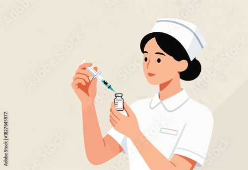 Illustration of a nurse in uniform preparing a syringe with vaccine from a vial. Neutral background