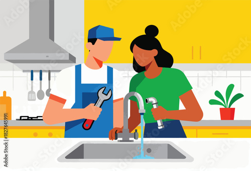 An illustration depicting a plumber and a person working on a sink in a kitchen, water pouring