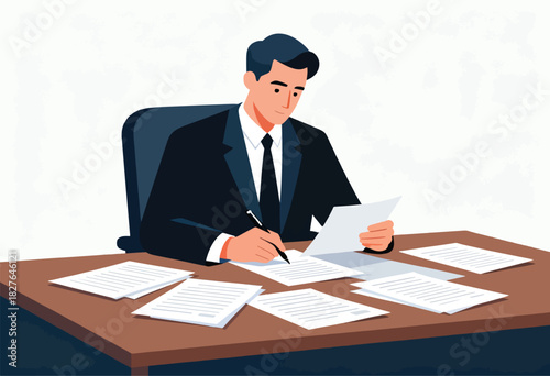 A man in a suit sits at a desk, reviewing and writing on papers. Clean white background. Flat vector illustration