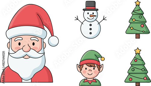Festive Christmas Icons Santa, Snowman, Elf, and Trees for Holiday Designs