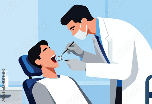 Dentist examines patient's open mouth with mirror and probe. Clinic setting, light blue background. Minimalist style