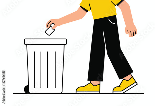 A person in yellow shirt and black pants putting something in the trash can