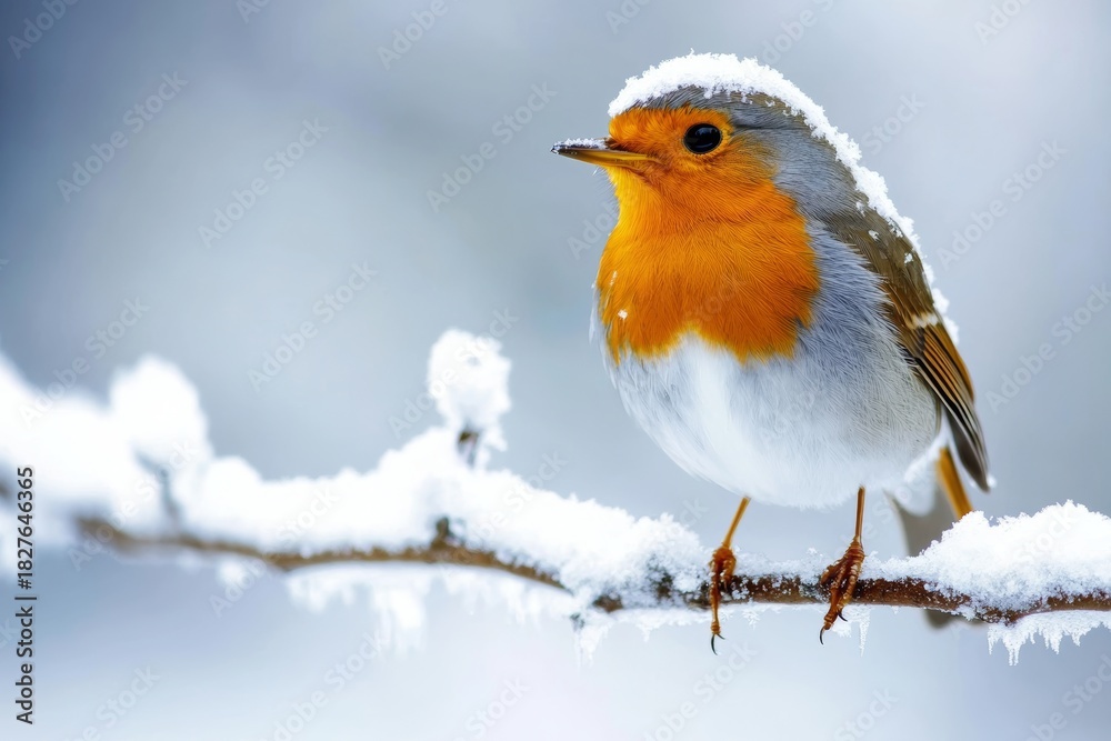 Obraz premium Charming European Robin Sitting Gracefully on Snow-Covered Branches in a Serene Winter Landscape
