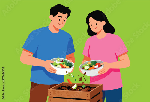 An illustrated couple composting kitchen scraps in a wooden bin against a green backdrop