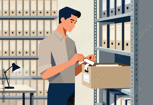 A person in a shirt examines a label from a box amidst many files and shelves in an office-like setting