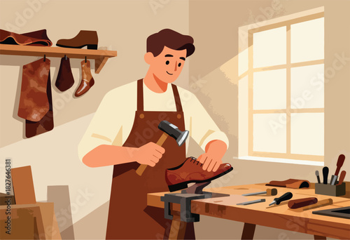 A cobbler in a workshop hammers a shoe on a workbench, with tools and leather. Natural light streams in