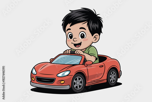 A cartoon child sits in a red convertible, steering and smiling. Bright, detailed illustration. Shadow and smooth color