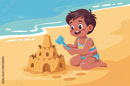 A child builds a sandcastle on a beach with a blue shovel, blue sea in background