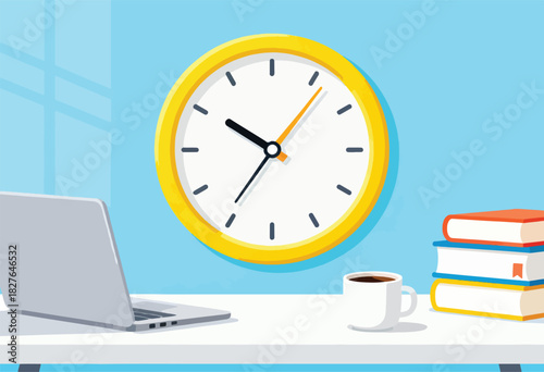 A desk with a laptop, books, coffee, and a clock on a blue wall. It depicts a workspace with simple shapes