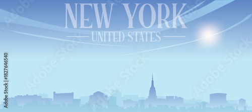 Blue panoramic poster of the city skyline with misty background buildings and clouds of NEW YORK, UNITED STATES