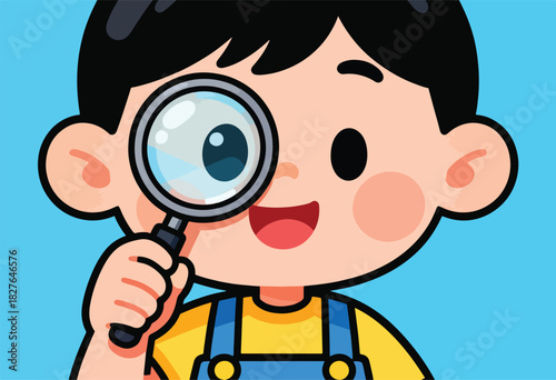 A cartoon child with black hair and overalls smiles, holding a magnifying glass. The background is a flat blue