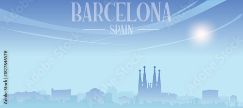 Blue panoramic poster of the city skyline with misty background buildings and clouds of BARCELONA, SPAIN