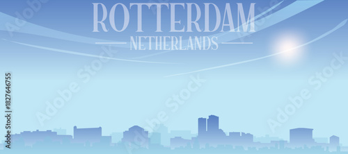 Blue panoramic poster of the city skyline with misty background buildings and clouds of ROTTERDAM, NETHERLANDS
