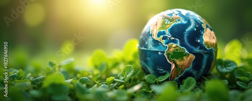 Earth globe rests among fresh green leaves, on blurred natural background. Eco awareness, eco friendly solutions. Concept shows eco responsibility, healthy environment, nature conservation, saving