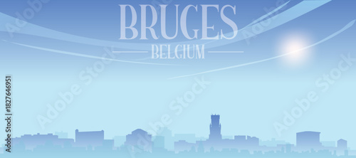 Blue panoramic poster of the city skyline with misty background buildings and clouds of BRUGES, BELGIUM