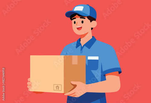 A smiling courier in blue uniform and cap carries a cardboard box with an upward arrow on a red backdrop