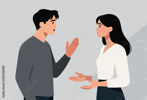 Vector illustration of a man and woman in a discussion, gestures emphasized. Background is two-tone