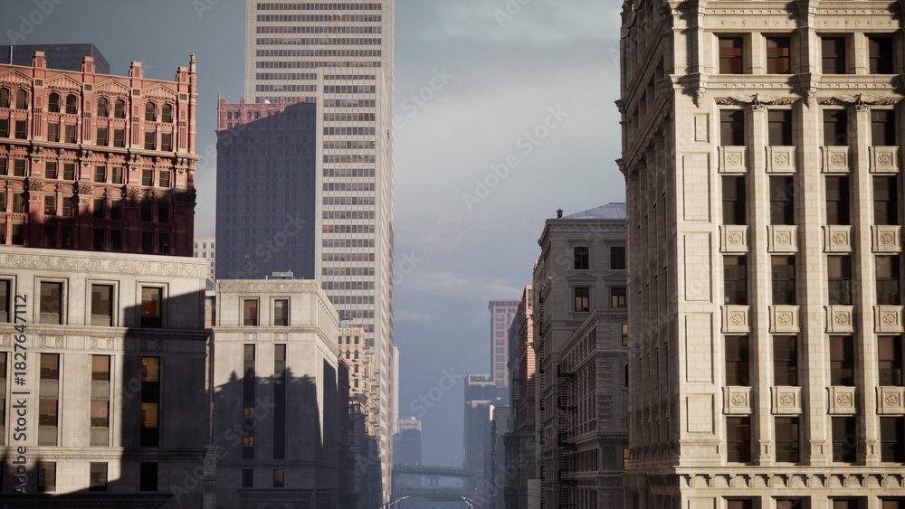 Obraz premium A vibrant city scene unfolds as the sunset casts a warm glow. Tall skyscrapers reflect the light, showcasing modern architecture amidst older structures. The streets hum with life.