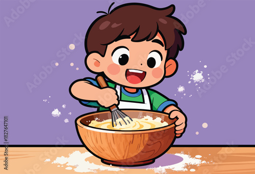Cheerful cartoon boy, in a green shirt, cheerfully mixing ingredients in a wooden bowl with a whisk