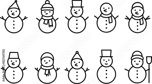 Snowman icons set. Winter holiday characters, Christmas snowmen, outline vector illustrations